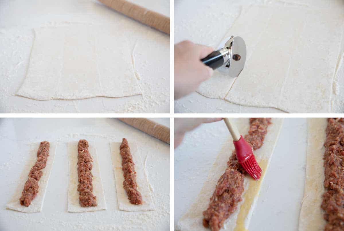 Steps to make sausage rolls with puff pastry.