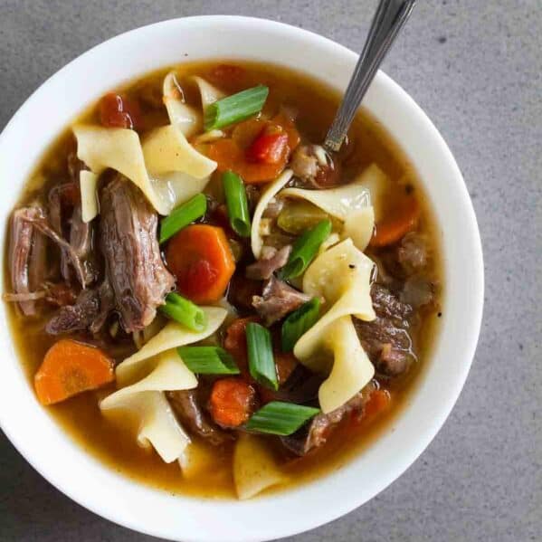 Slow Cooker Beef Noodle Soup with vegetables.