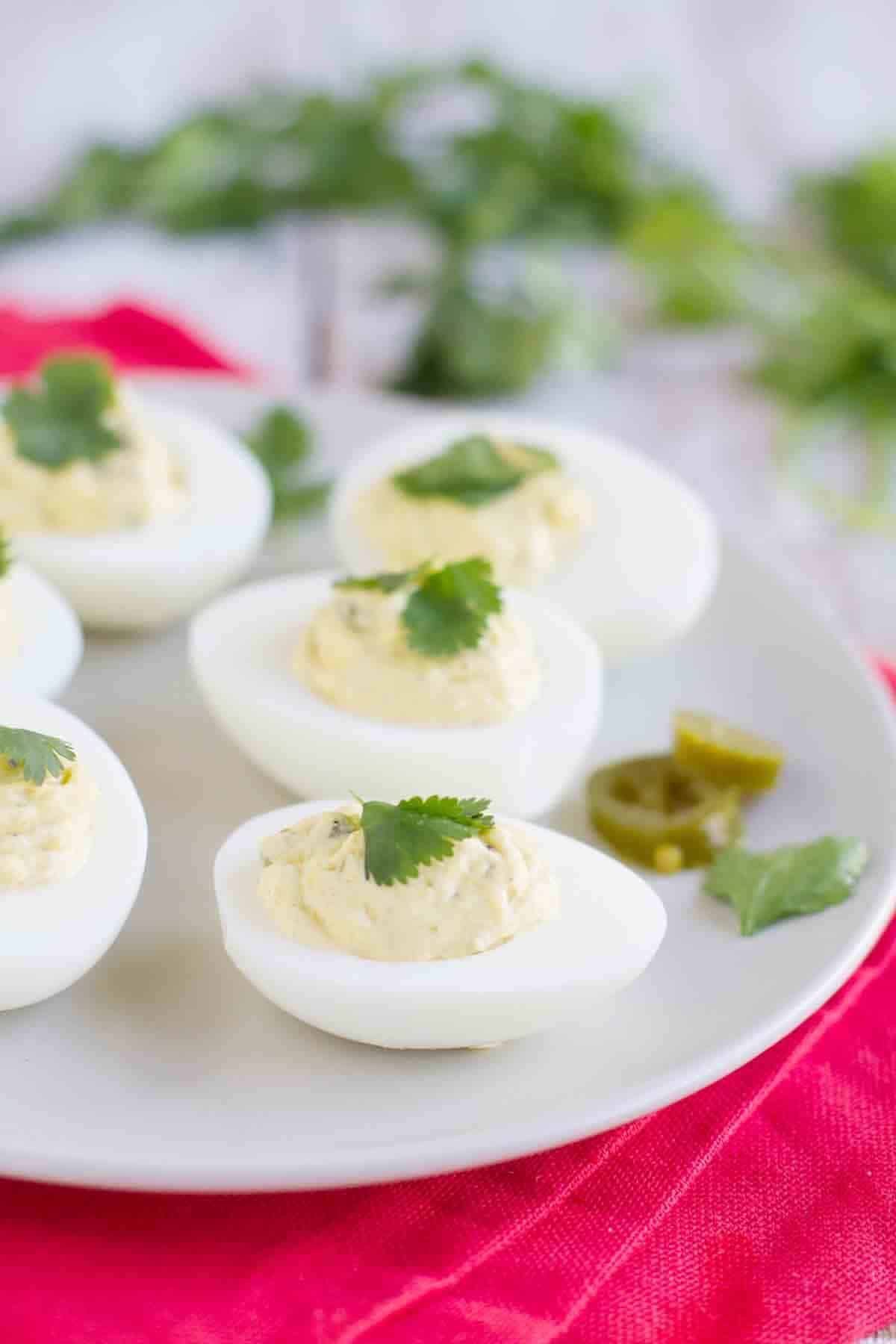 Spicy Deviled Eggs topped with cilantro on a plate.