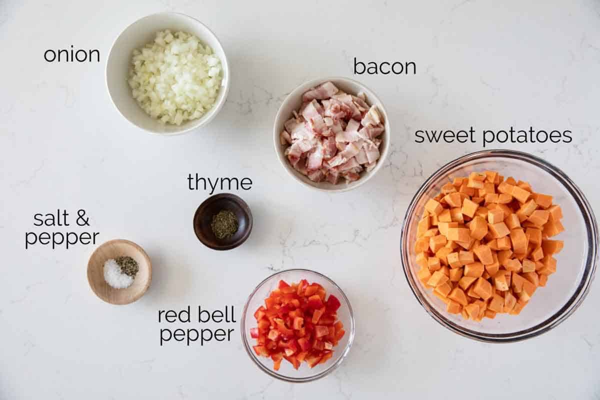Ingredients needed to make Sweet Potato Hash.