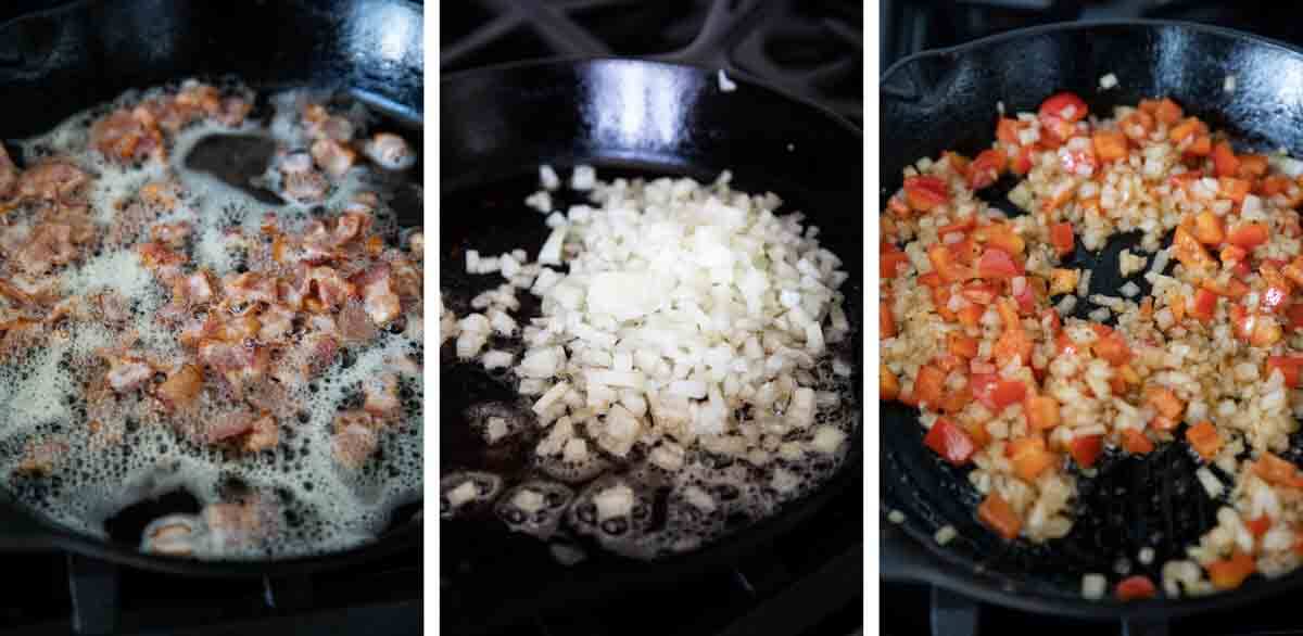 Sauteing bacon and vegetables in a skillet.