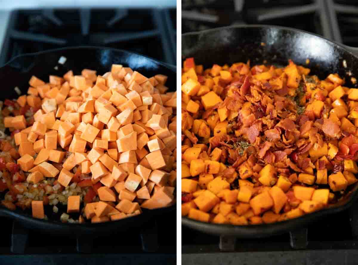 Cooking sweet potato hash in a cast iron skillet.