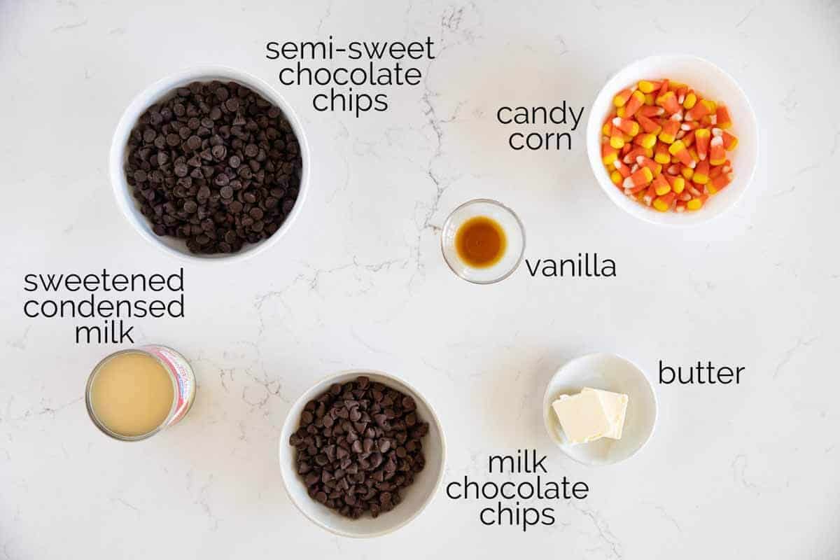 ingredients needed for candy corn fudge.