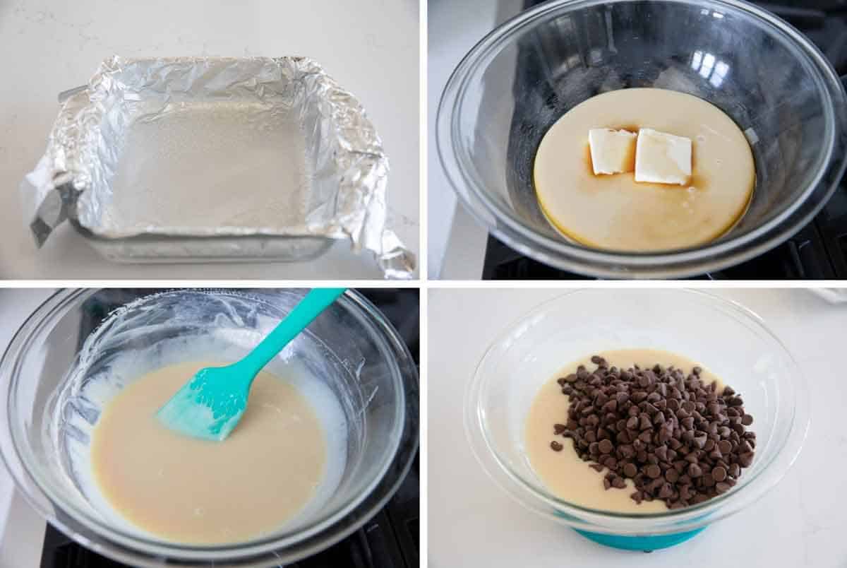 Melting ingredients together to make Candy Corn Fudge.