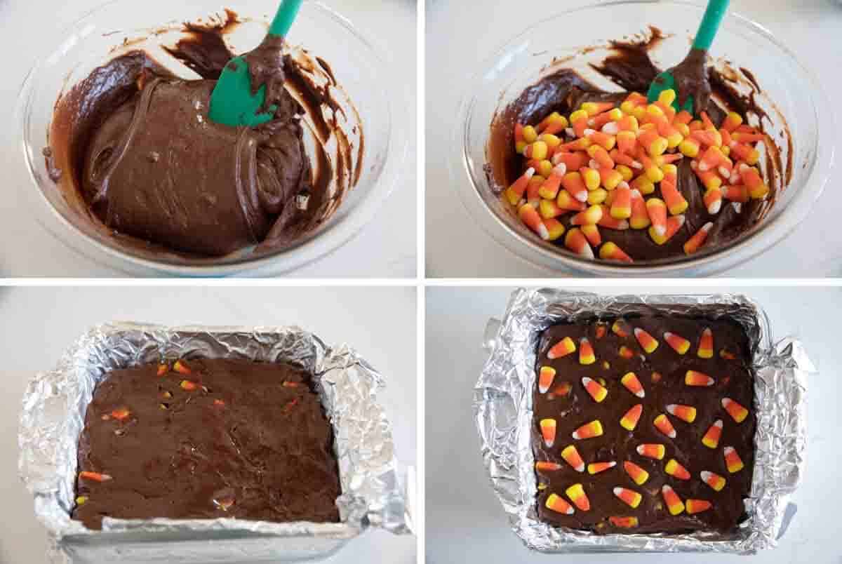 Mixing fudge and pouring into a baking dish to set up.