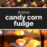 Candy corn fudge collage with a text bar in the middle.