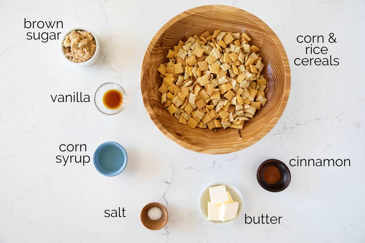 Ingredients to make Cinnamon Caramel Snack Mix.