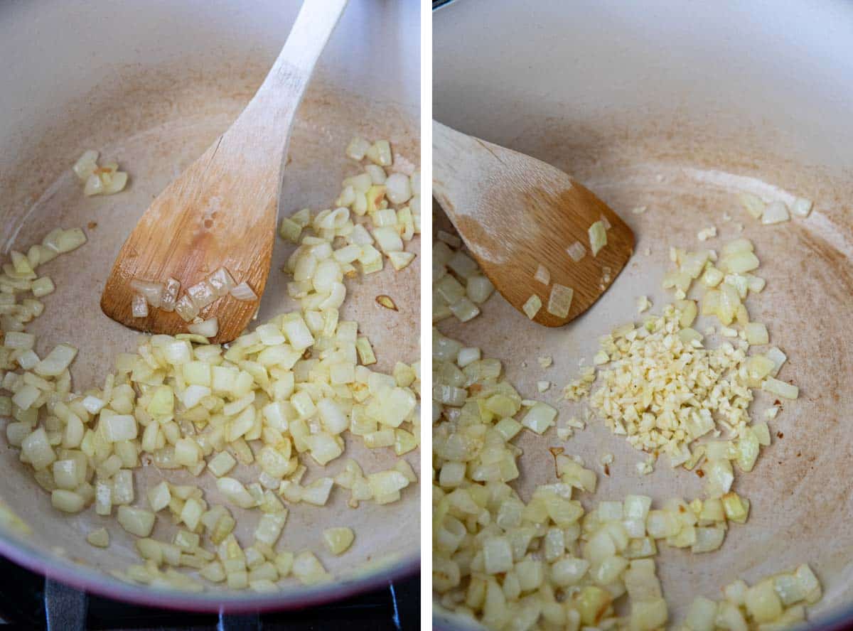 Sauteing onions and garlic to make soup.