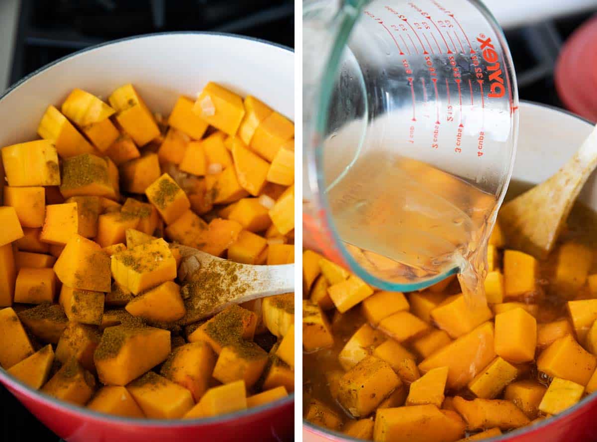 Adding squash, curry powder, and broth to make Curried Butternut Squash Soup.