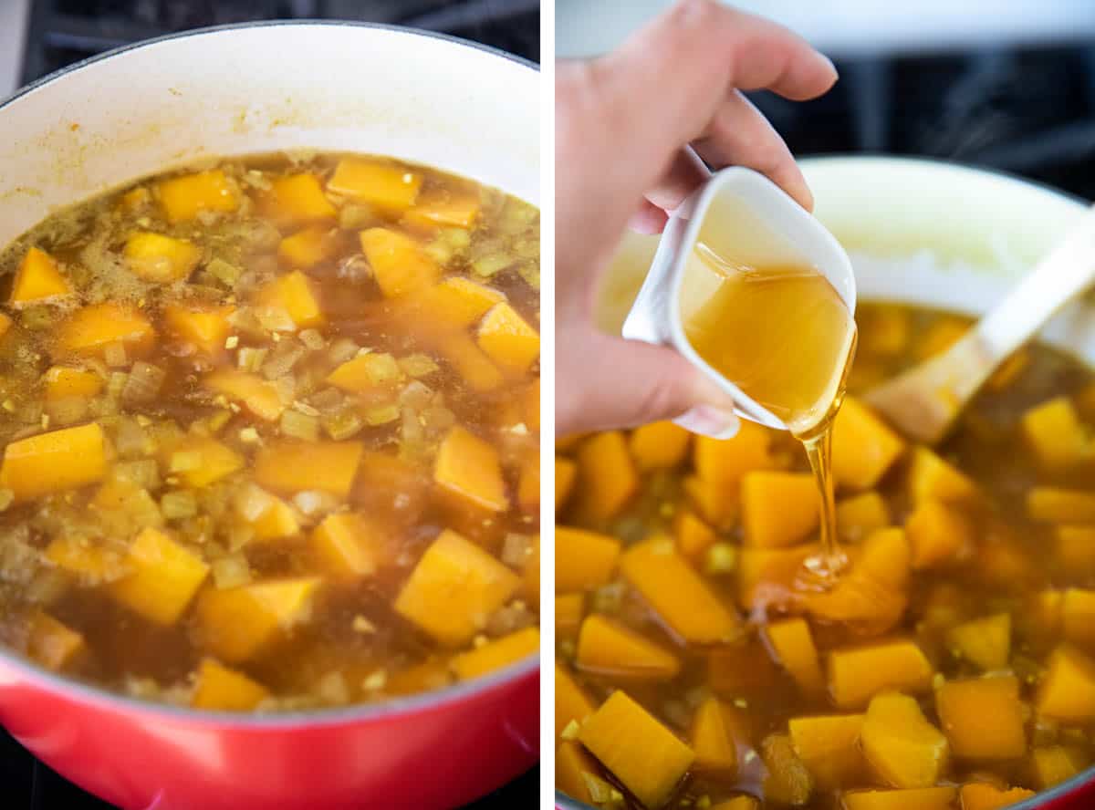 Boiling ingredients for butternut squash soup and then adding honey.