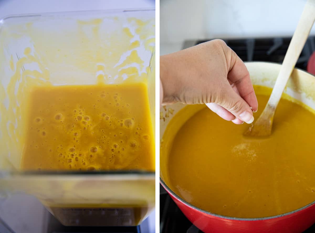 Blending butternut squash soup and adding salt for flavor.