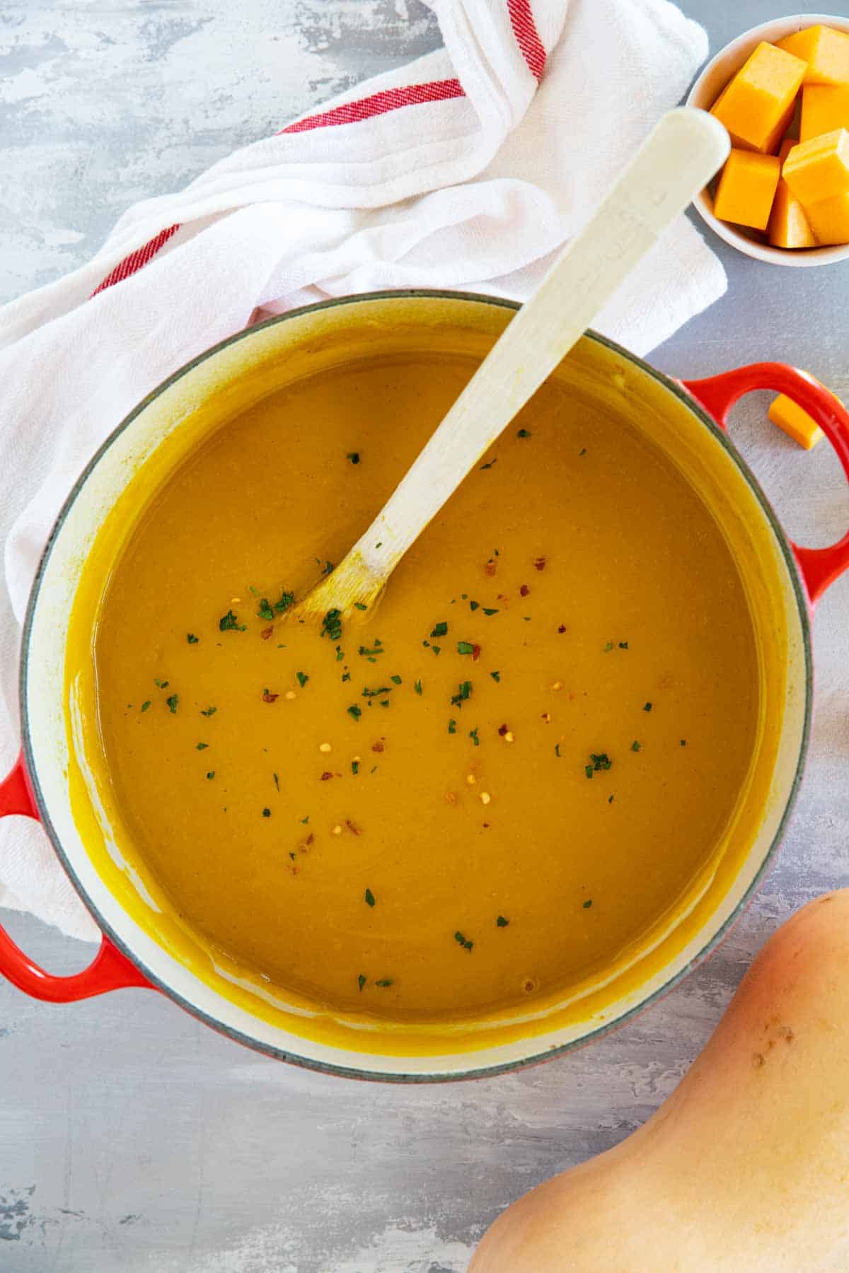 Curried Butternut Squash Soup in a dutch oven.