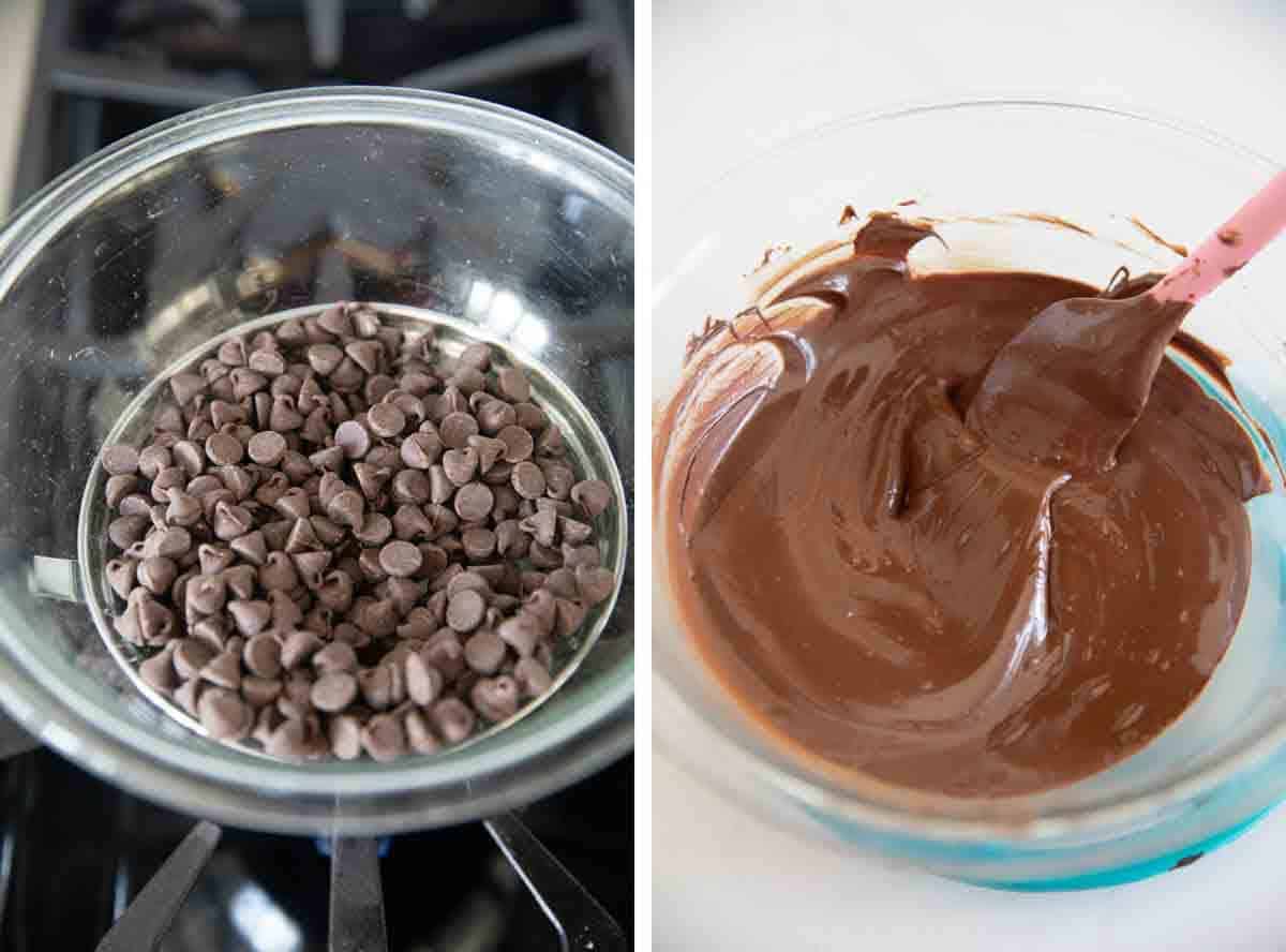 Melting chocolate chips in a double boiler to make chocolate bark.