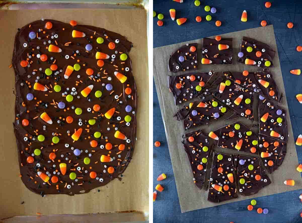 adding sprinkles and candy to Halloween Candy Bark.