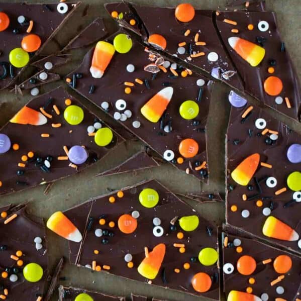 Candy Bark with Halloween candy broken into pieces.