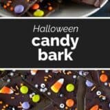Halloween Candy Bark Collage with text bar in the middle.