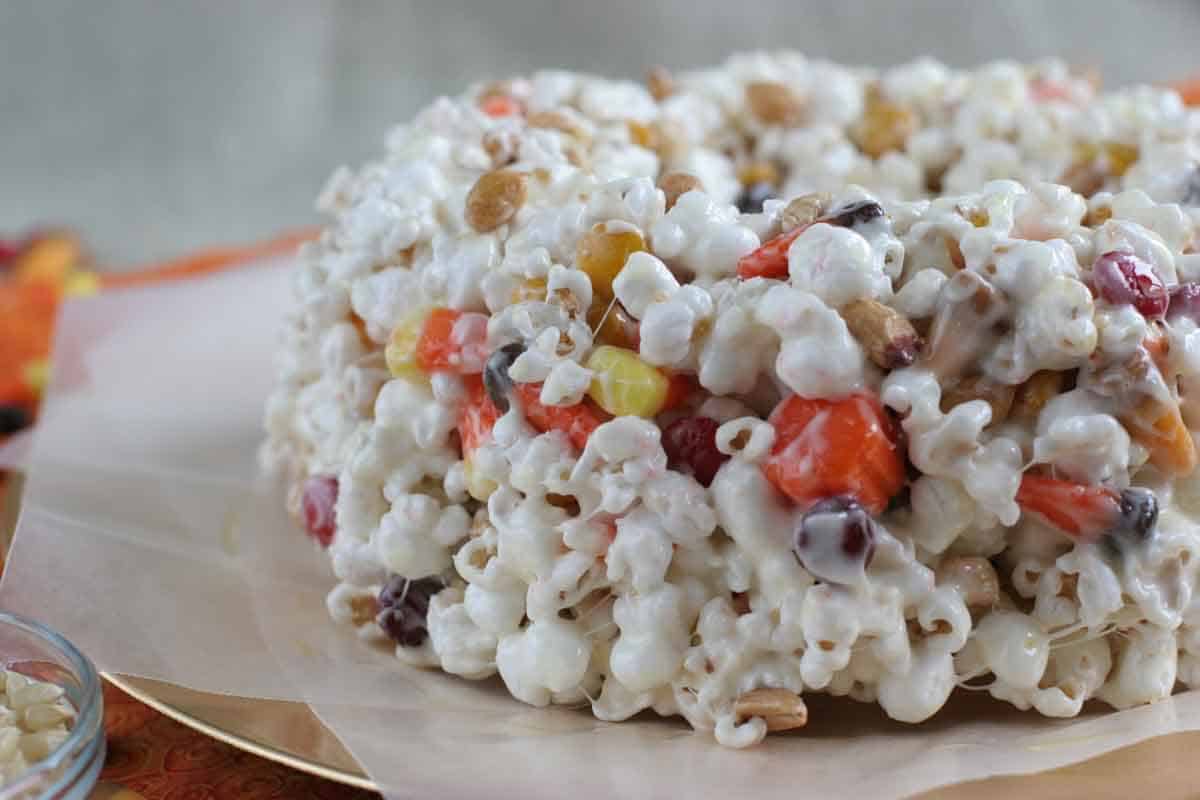 Halloween Popcorn Cake on a serving platter.