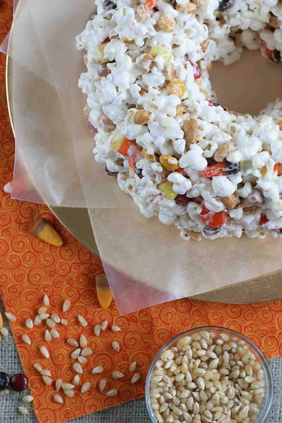 Cake made from popcorn, marshmallows, and Halloween candy.