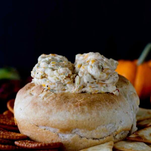 Monster Brains - cheese dip inside of a bread bowl to look like brains for Halloween.