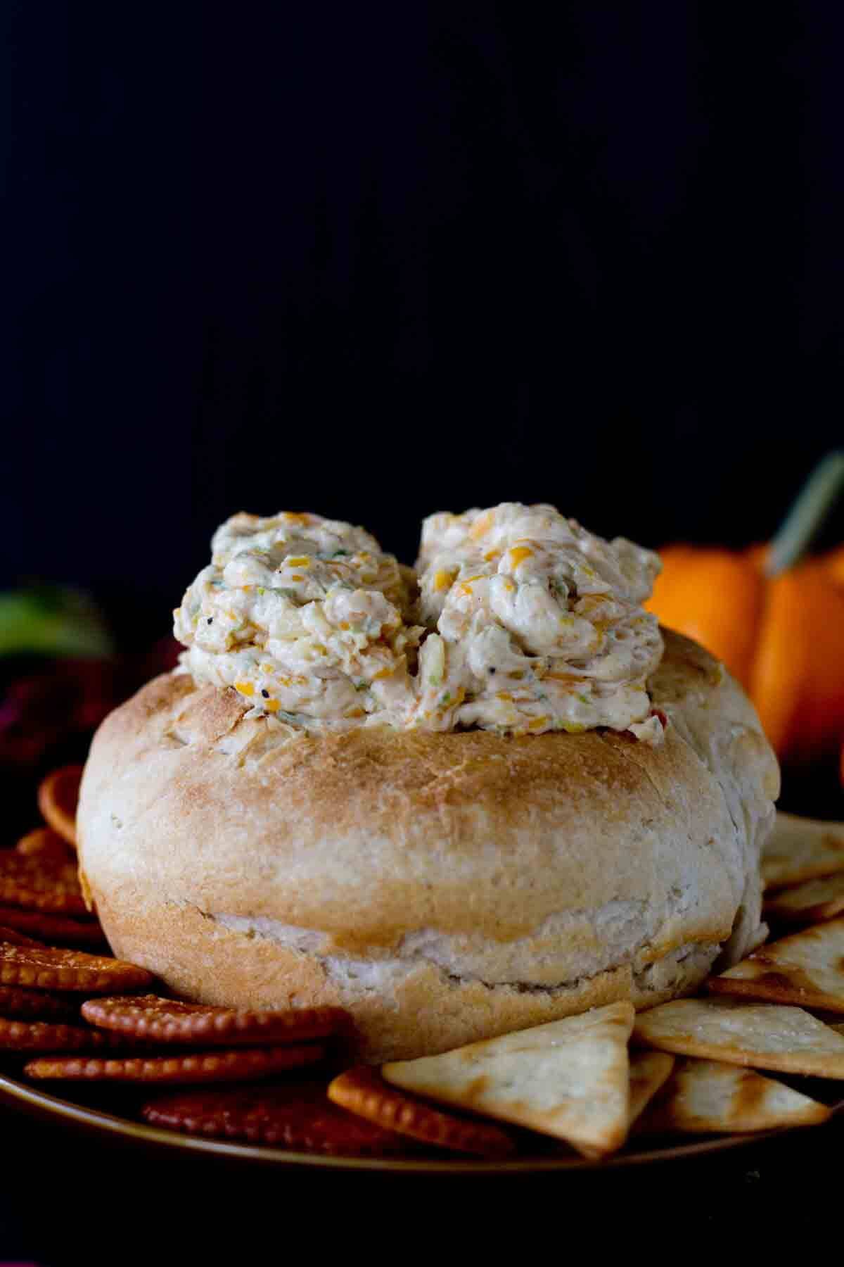 Monster Brains - cheese dip inside of a bread bowl to look like brains for Halloween.