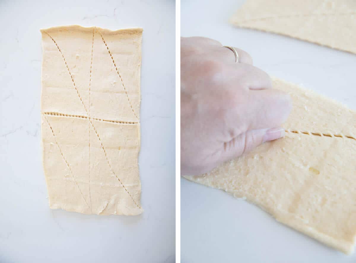 Unrolling crescent dough and pinching together seams to make rectangles.