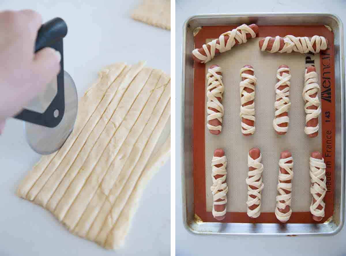 Cutting dough and wrapping around hot dogs for mummy hot dogs.