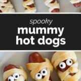 Mummy Hot Dogs collage with text bar in the middle.