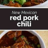 New Mexican Red Pork Chili collage with text bar.