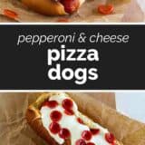 Pizza dogs collage with text bar in the middle.