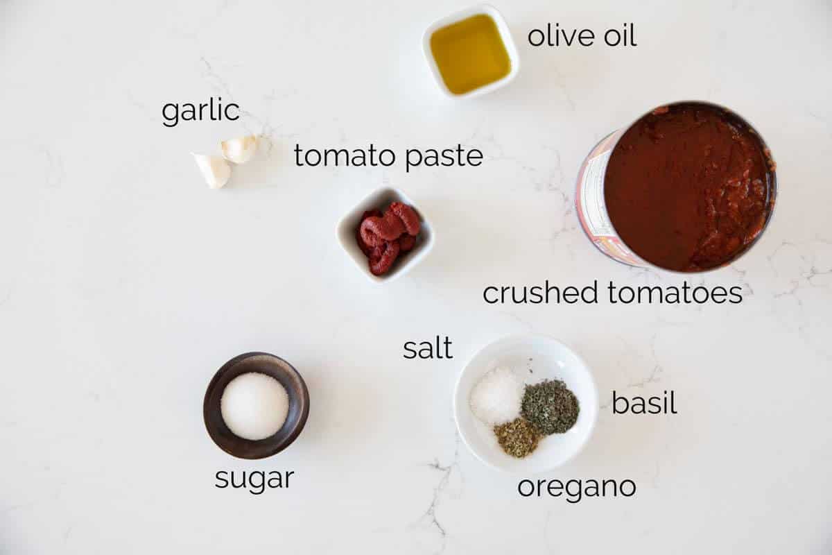 Ingredients to make pizza sauce recipe.