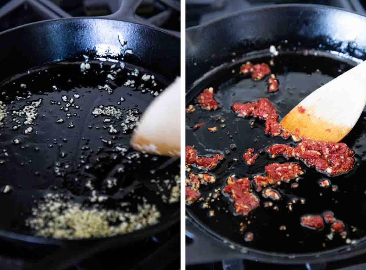 Sauteing garlic and adding tomato sauce to a skillet.