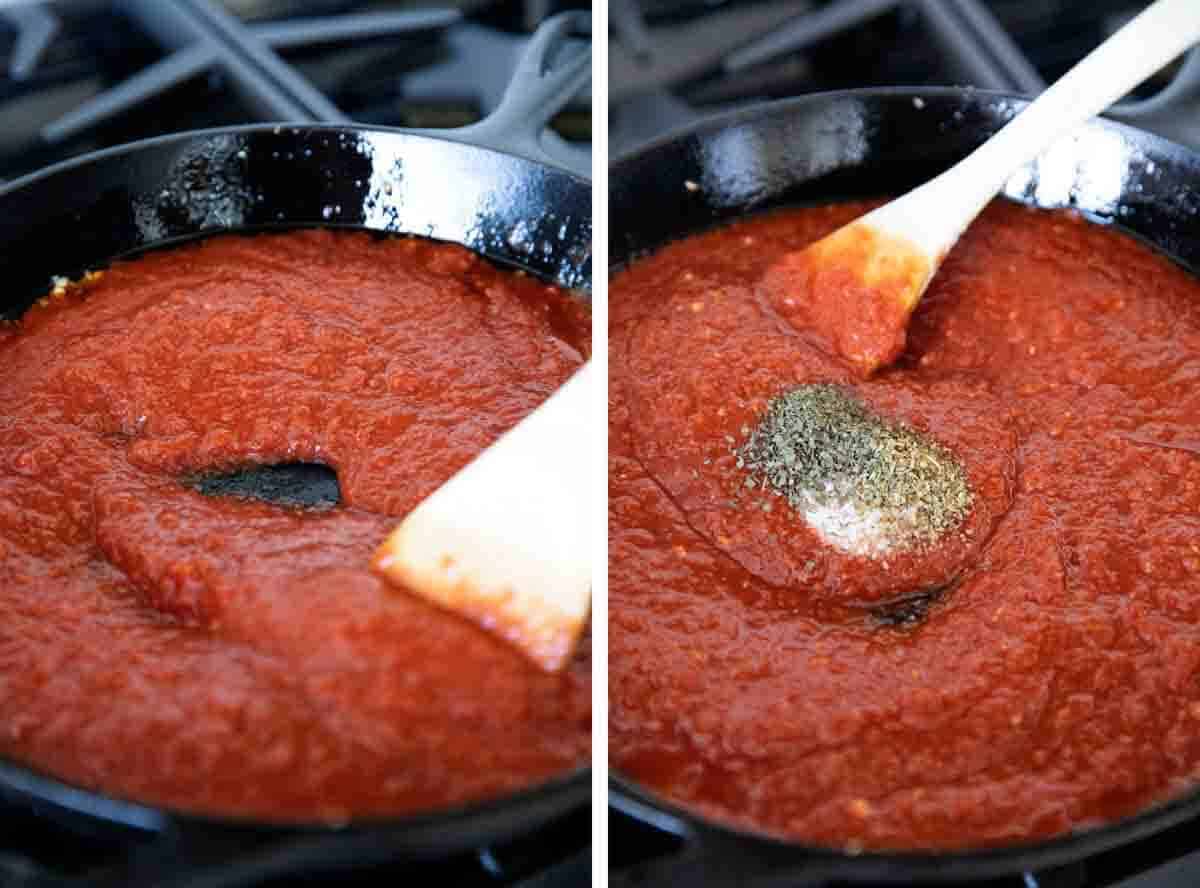 Stirring crushed tomatoes and spices in to make pizza sauce recipe.