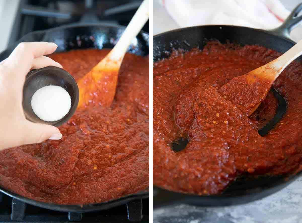 Adding sugar to pizza sauce.