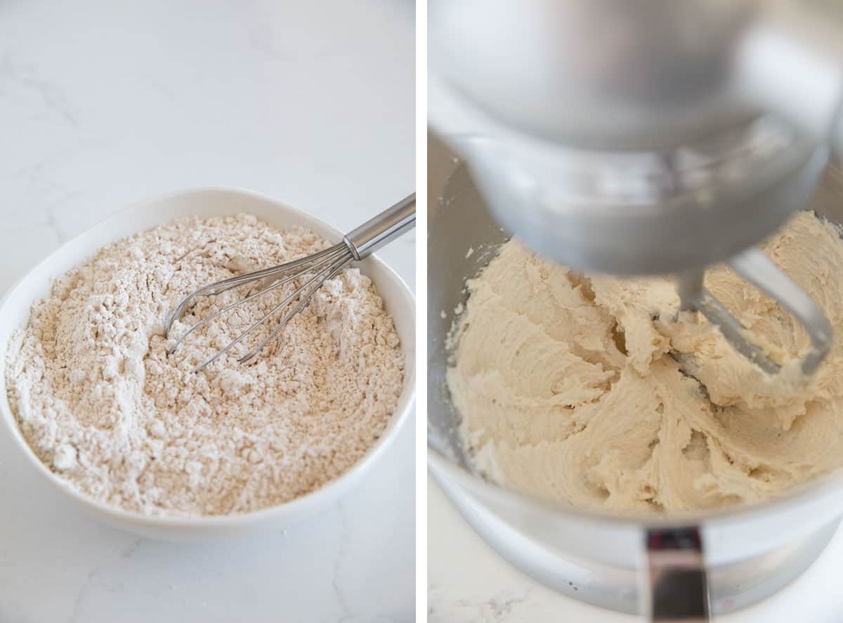 Mixing together dry ingredients and mixing wet ingredients for pumpkin snickerdoodles.