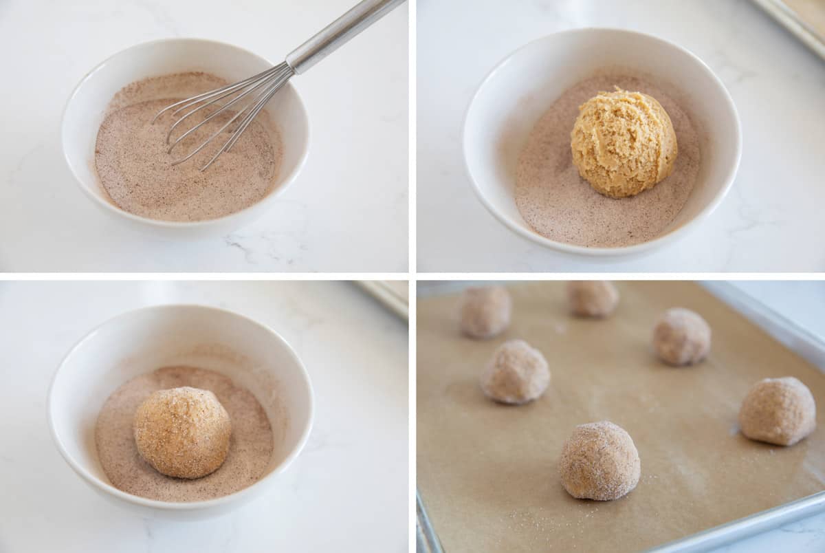 Rolling cookie dough in cinnamon sugar.