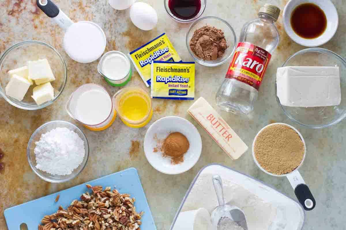 Ingredients needed to make Red Velvet Pull Apart Bread.