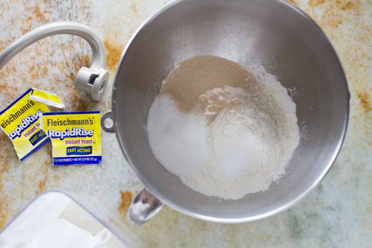 Dry ingredients in a stand mixer bowl.