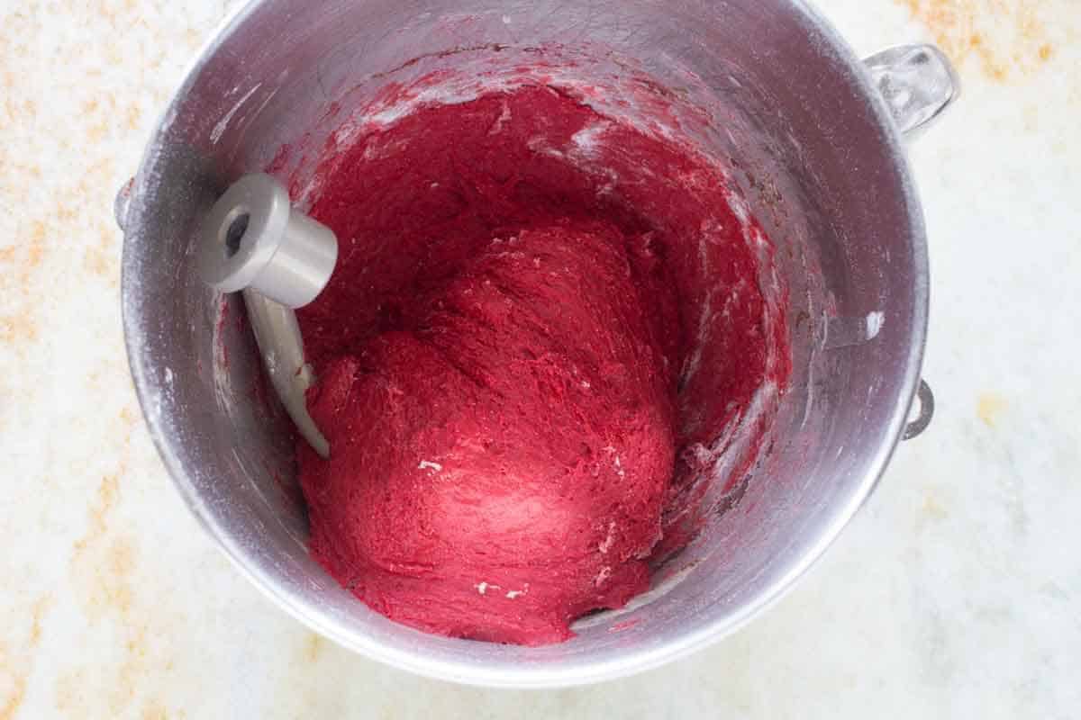 Mixing bread dough in a stand mixer.