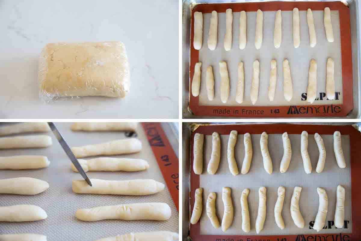 Shaping shortbread dough into finger shapes.