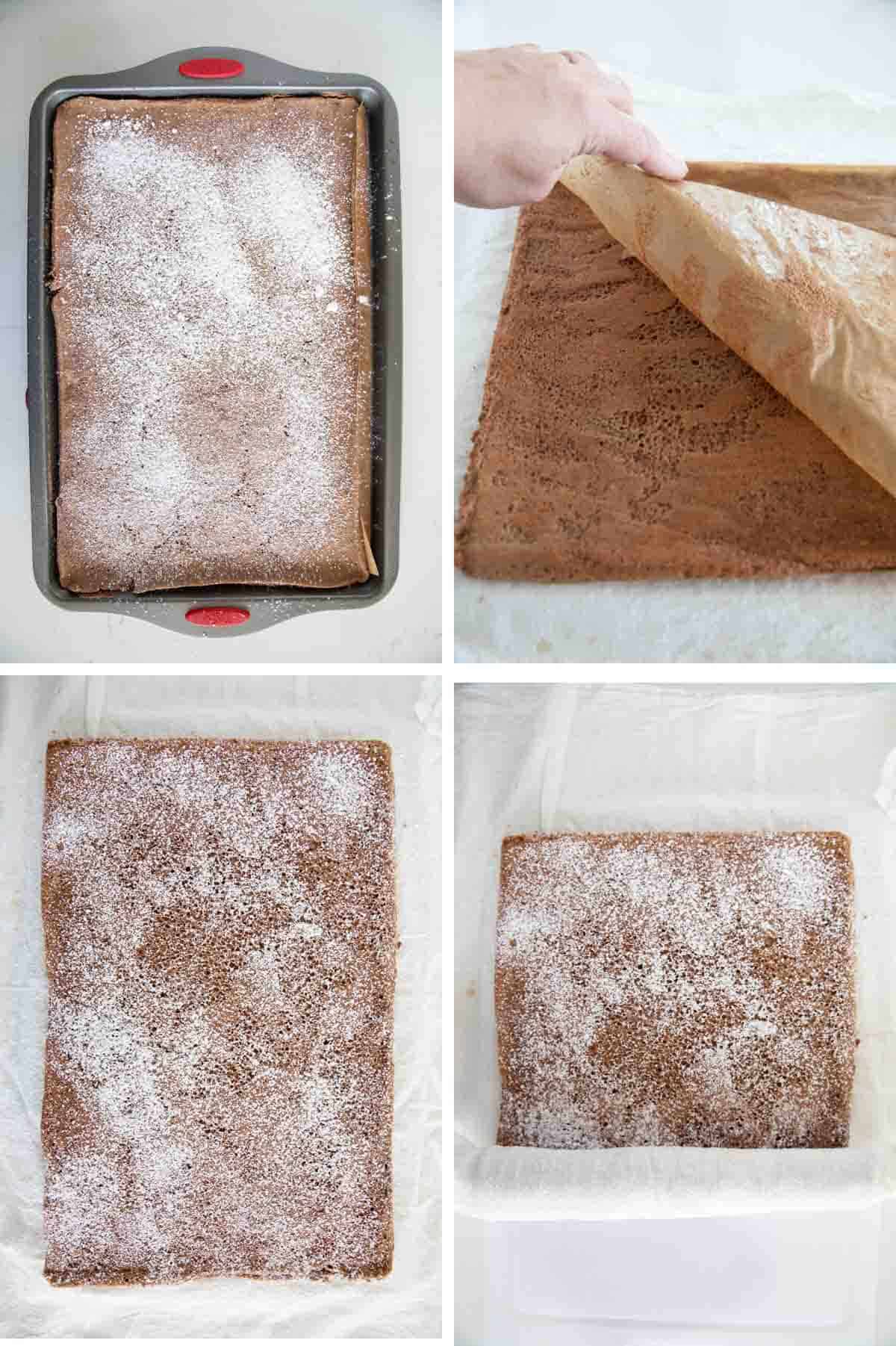 prepping chocolate sponge cake to roll.