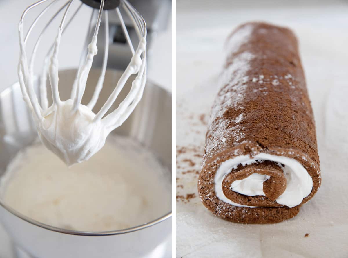 Making whipped cream for filling for buche de noel cake.