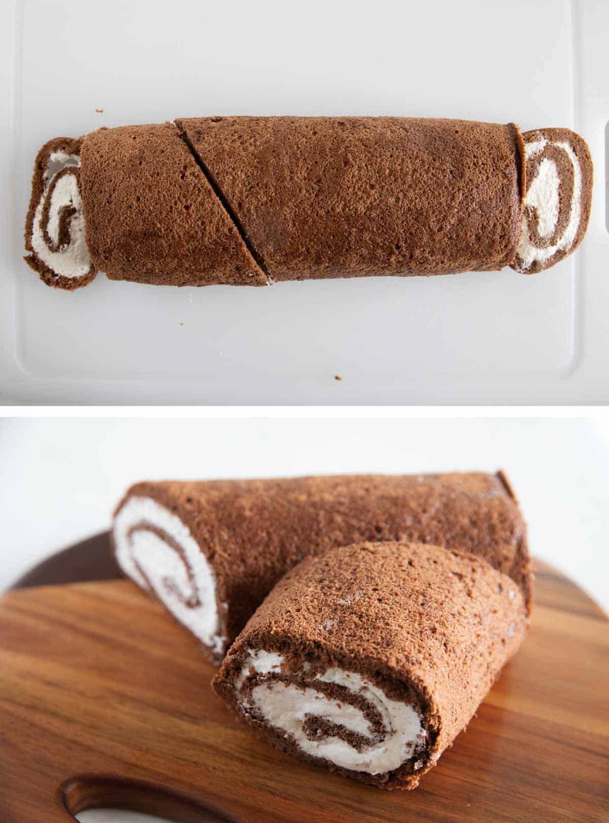 Cutting and assembling a yule log cake.