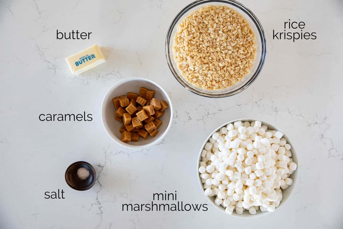 Ingredients needed to make caramel rice krispie treats.