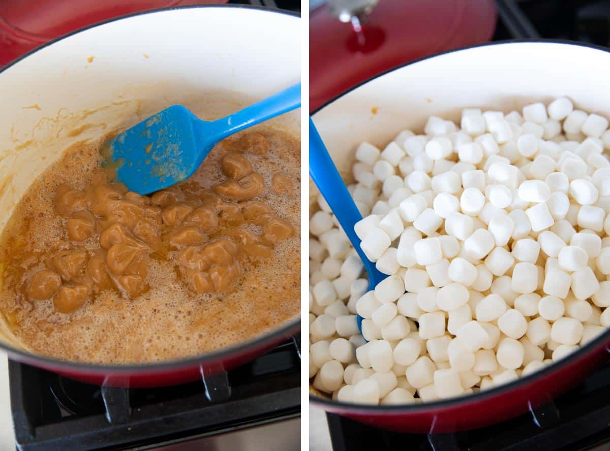 Melting butter, caramels, and marshmallows for caramel rice krispie treats