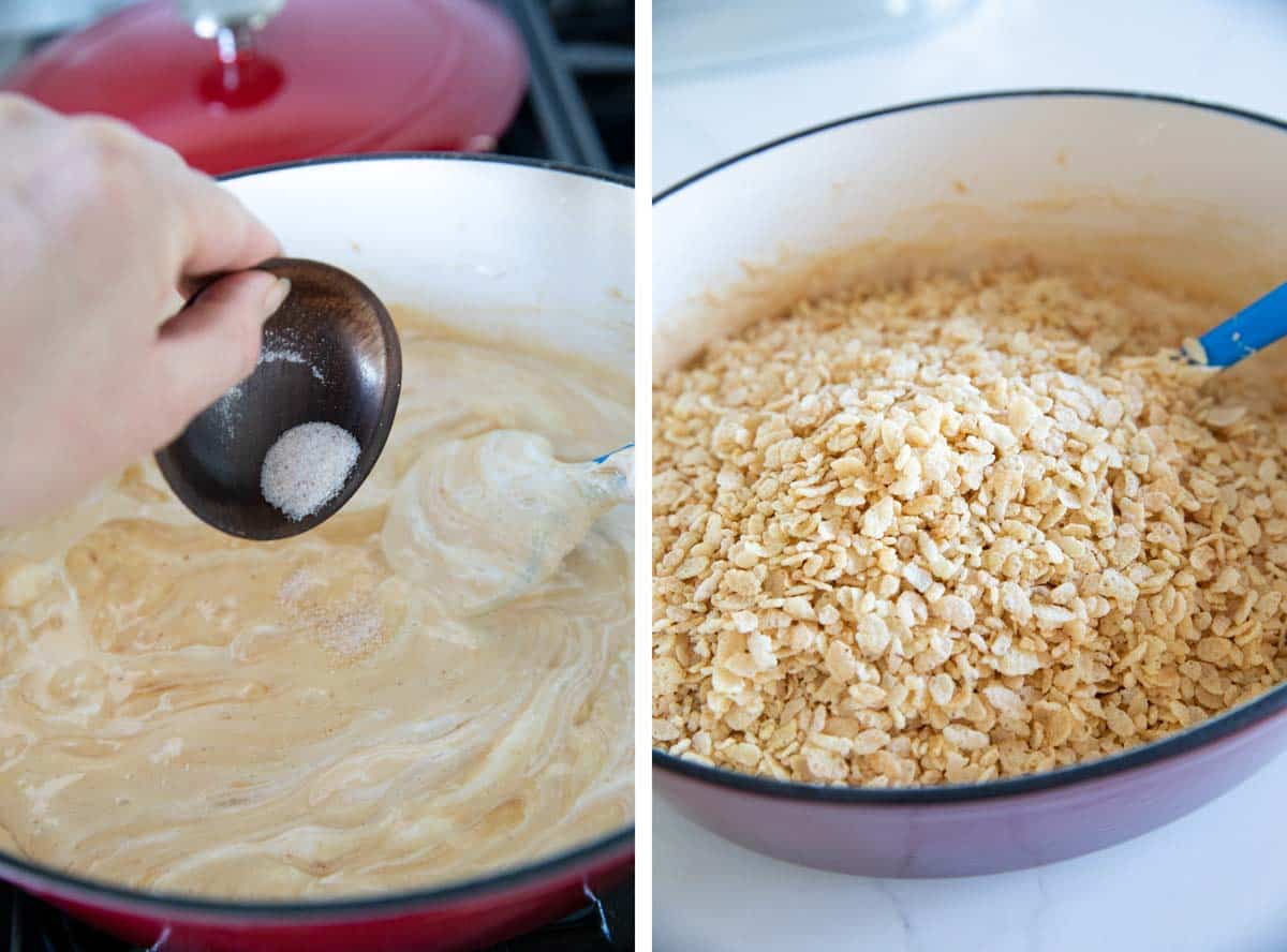 Adding salt and rice krispies to make caramel rice krispie treats.