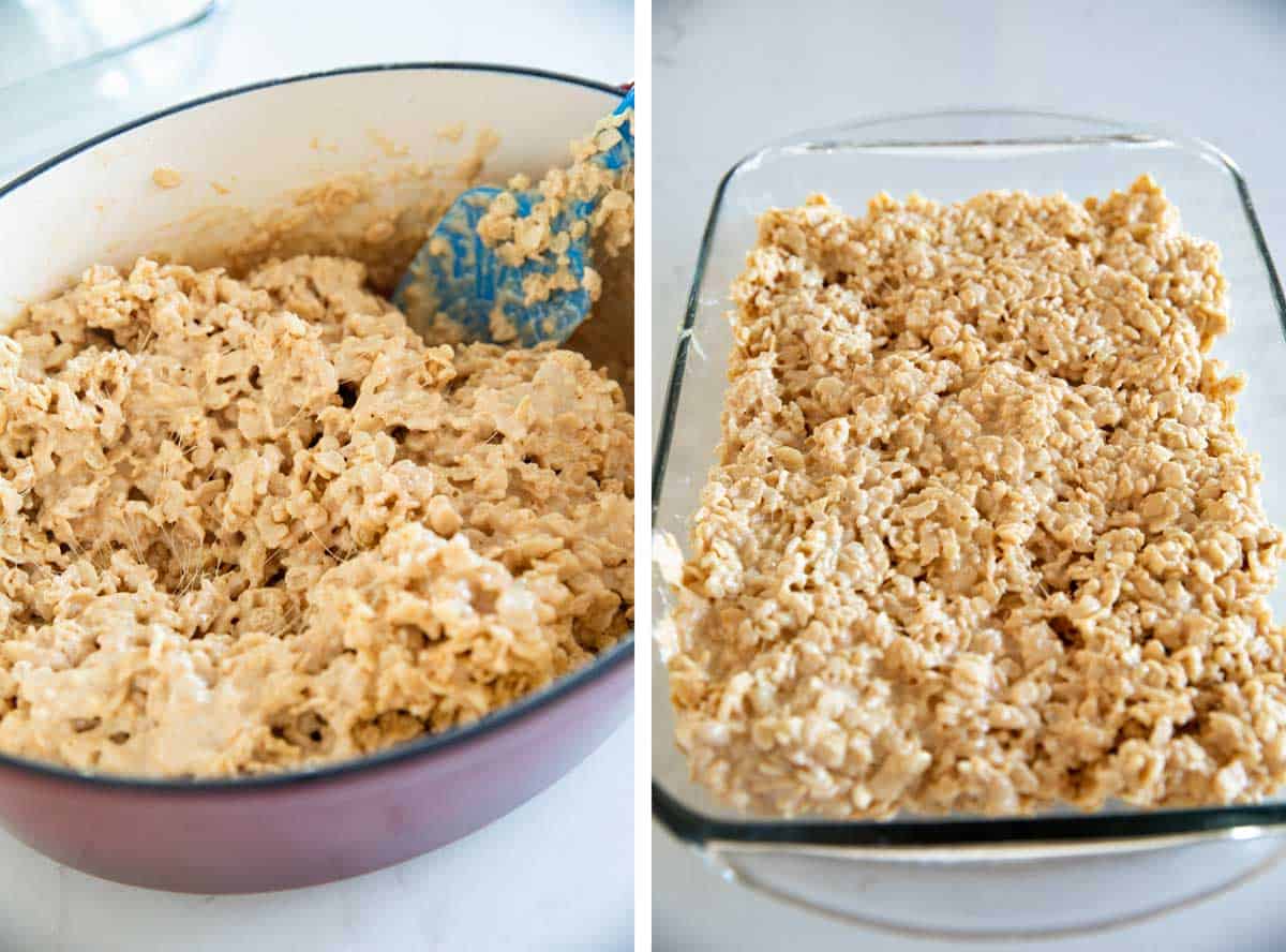 Mixing ingredients together and adding to a baking dish.