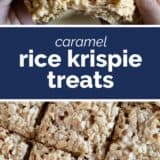 Caramel Rice Krispie Treats collage with text bar in the middle.