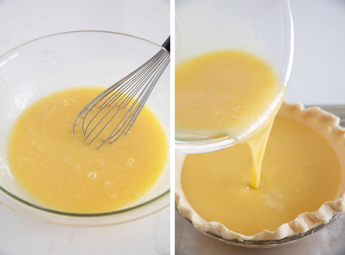 Pouring custard for a chess pie into a pie crust.
