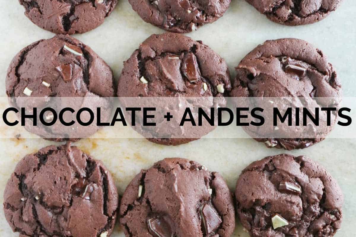 Chocolate cake mix cookies with andes mints pieces.