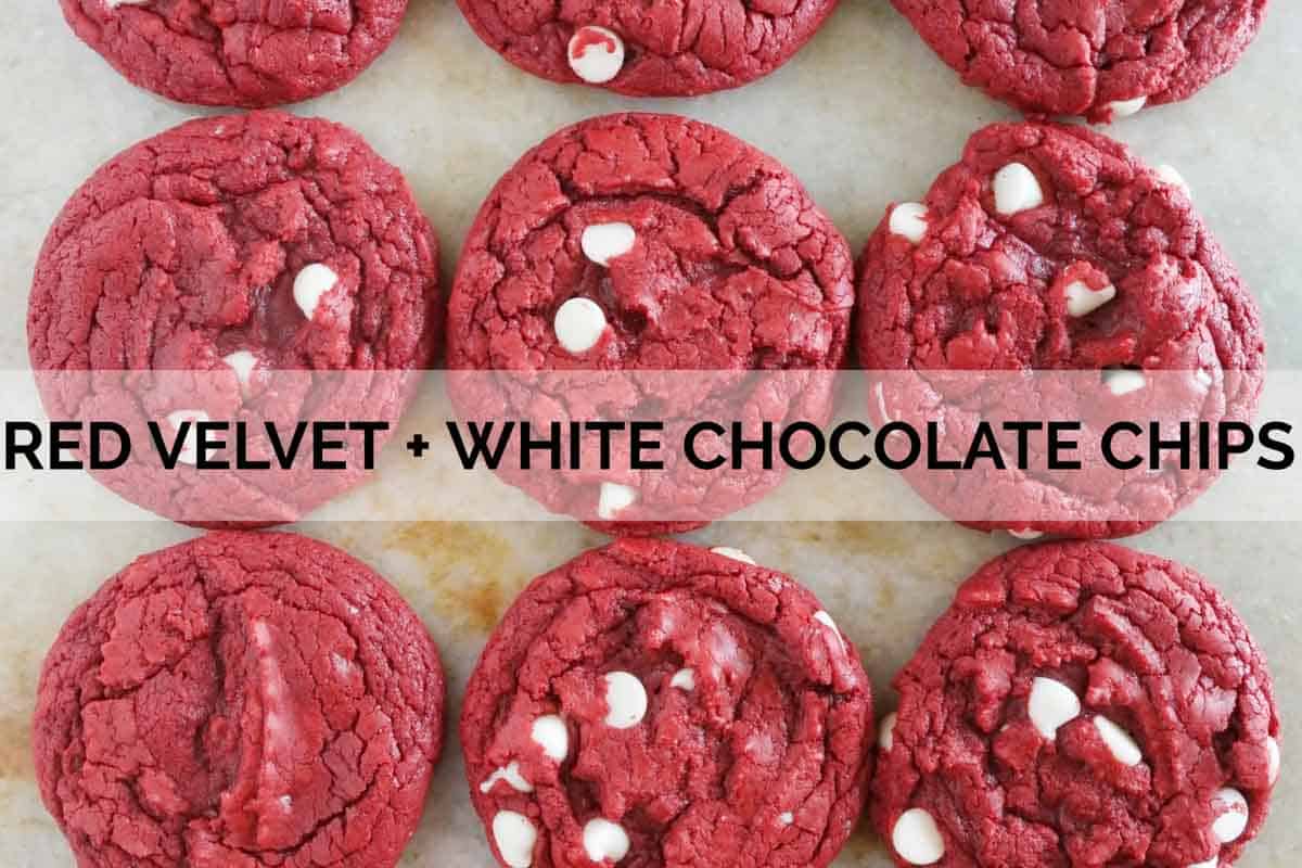Cake Mix Cookies made with red velvet cake mix and white chocolate chips.